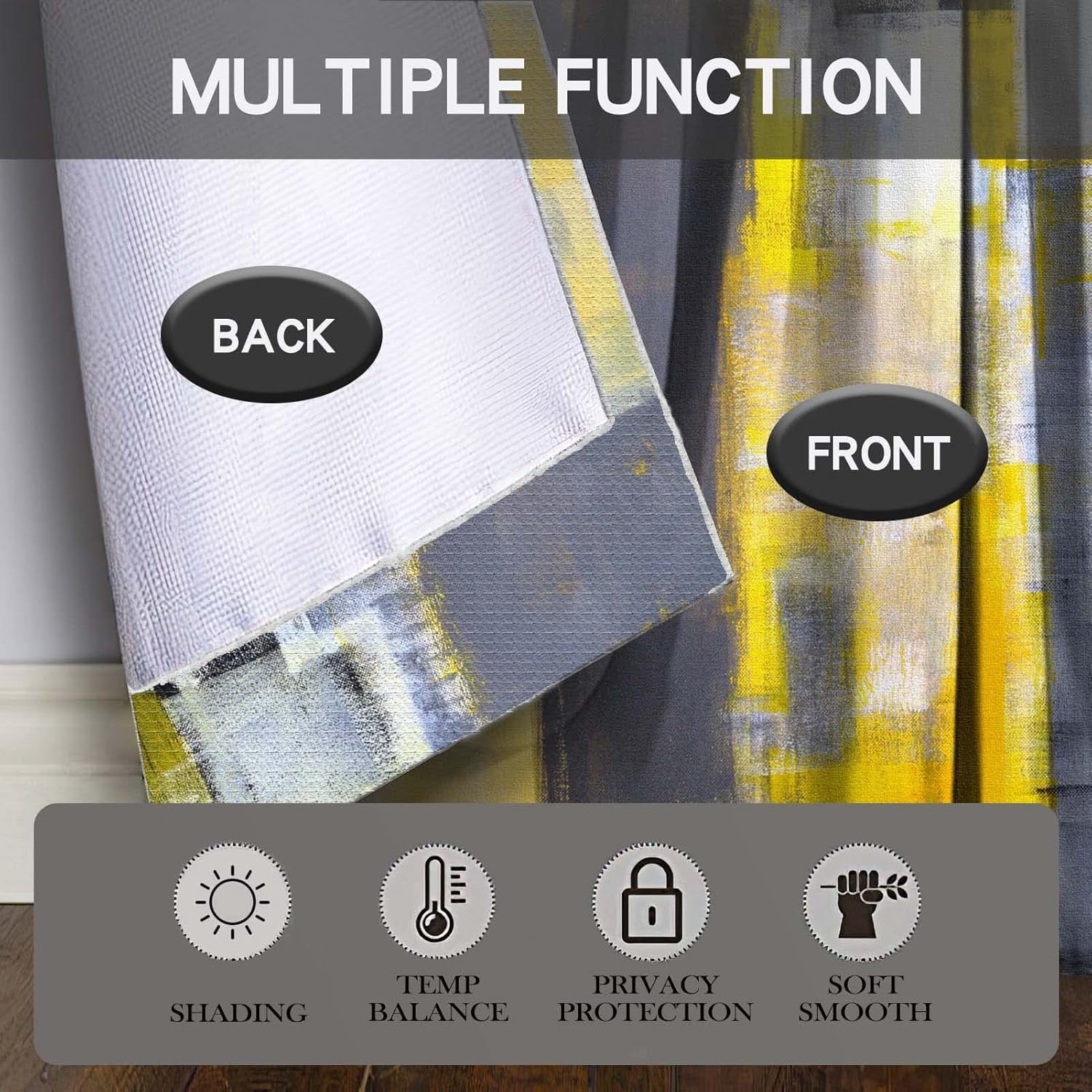 Grey Yellow Blackout Kitchen Curtains Tiers and Valances Set 3 Piece for Windows Modern Abstract Art Kitchen Window Curtains Set,Black Contemporary Trendy Valances for Living Room(36" Tiers Set)