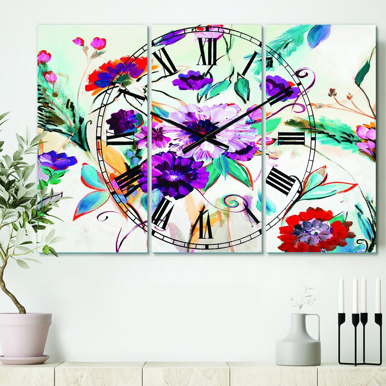 Designart 'Abstract Purple And Red Farmhouse Flowers' Traditional wall clock