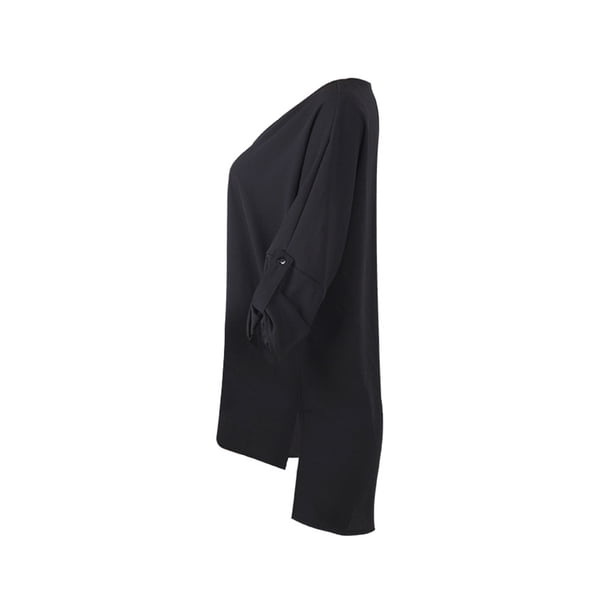 Sonducket Camisa de mujer con cuello en V Blusa suelta Manga larga Color sólido Top casual Prendas para la parte del cuerpo Negro XXL
