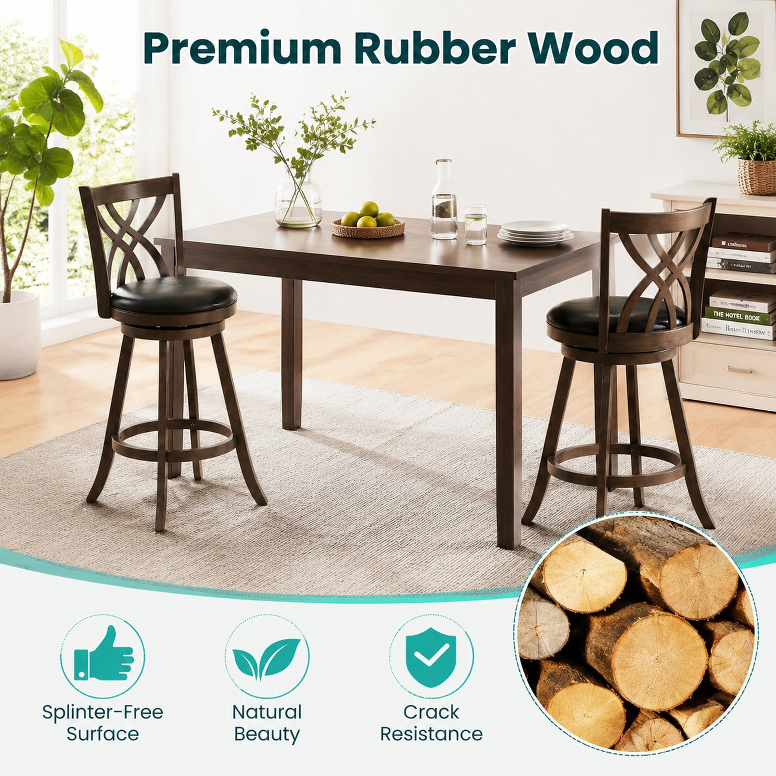 Furnibear Set of 2 Swivel Counter Height Bar Stools with Rubber Wood Frame and Backrest