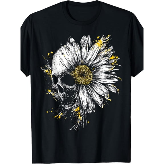 Skull Daisy Floral Art Gothic Graphic Tee for Men Women, Creepy Cute Flower Skeleton Short Sleeve T-Shirt, Casual Crew Neck Top for Halloween Gift