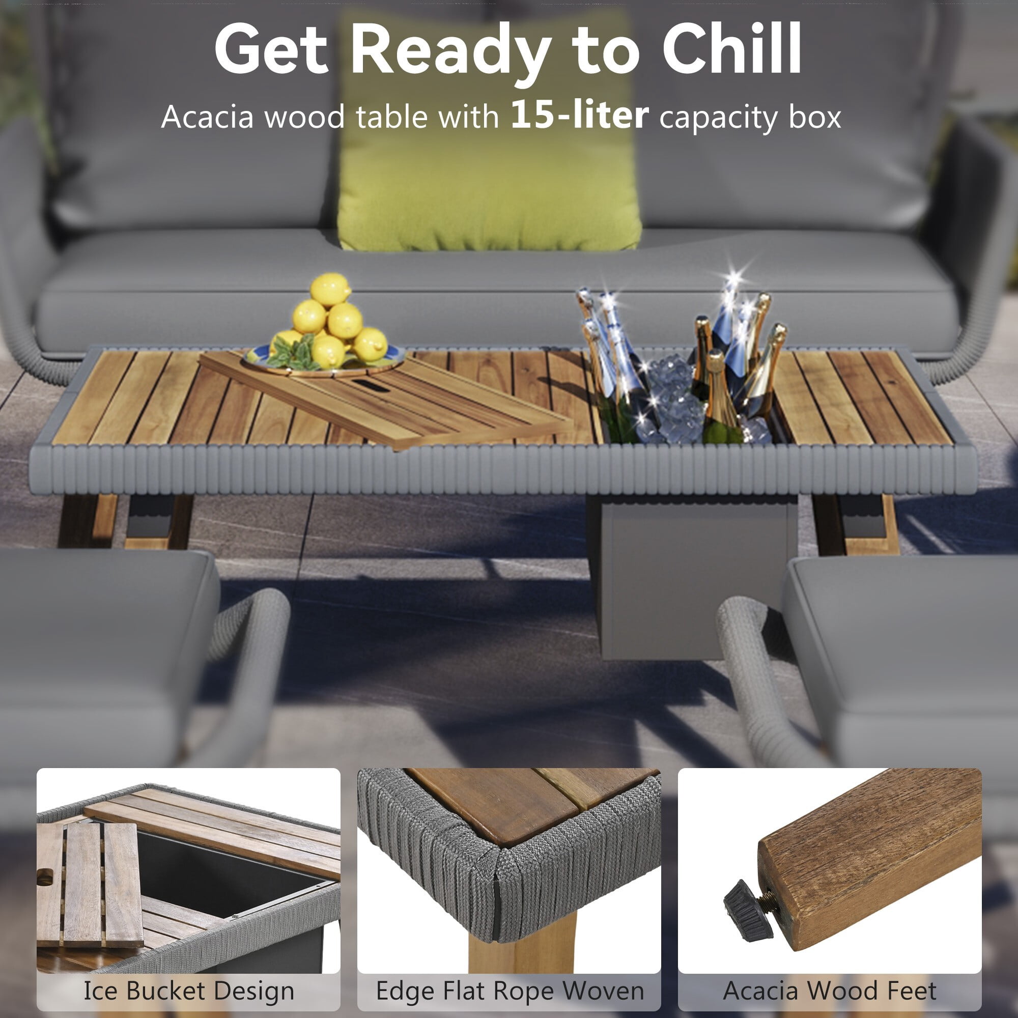 AENKYO 6-Piece Outdoor Patio Furniture Set, Patio Conversation Set with Cushioned Rope Woven Chairs, Cool Bar Coffee Table with Ice Bucket, Dark Gray