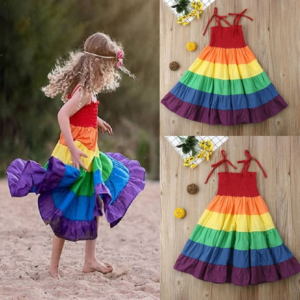Faroot Toddler Baby Girl Rainbow Dress Strap Sling Colorful Tutu Dress Multicolor