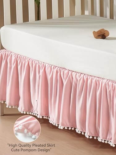 Baby Crib Skirt Girls Boys, Ruffled Bed Skirt with Pompoms, 28”x 52”, 14'' Drop, Pink