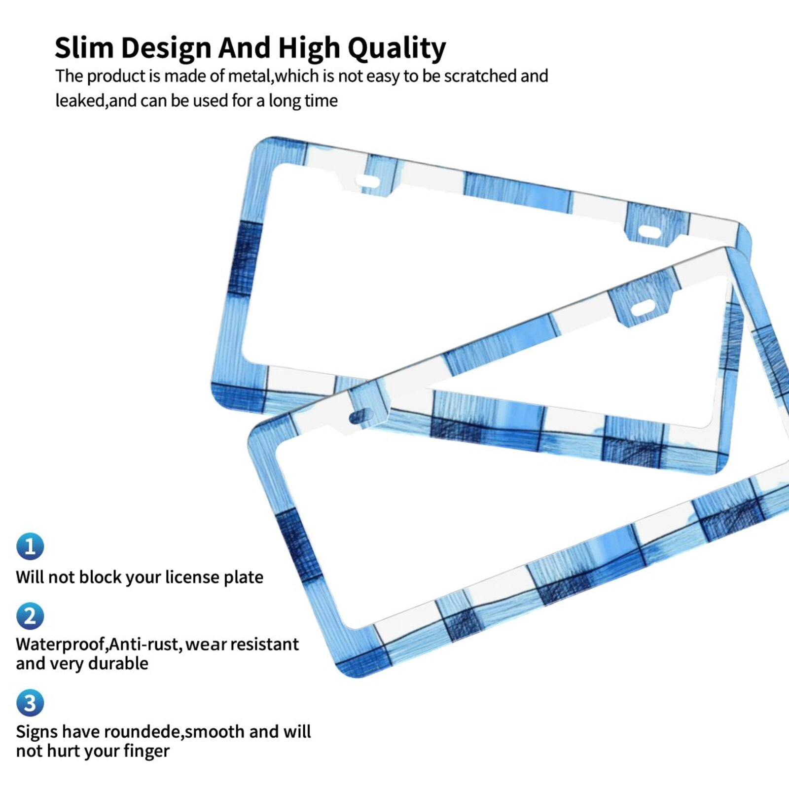 License Plate Frame With Screw Caps 2 Pack Car Plate Frame Front And Rear Rust-Proof Universal Car Tag Holder Cornflowerblue Checked Hand-Drawn Sketch_1