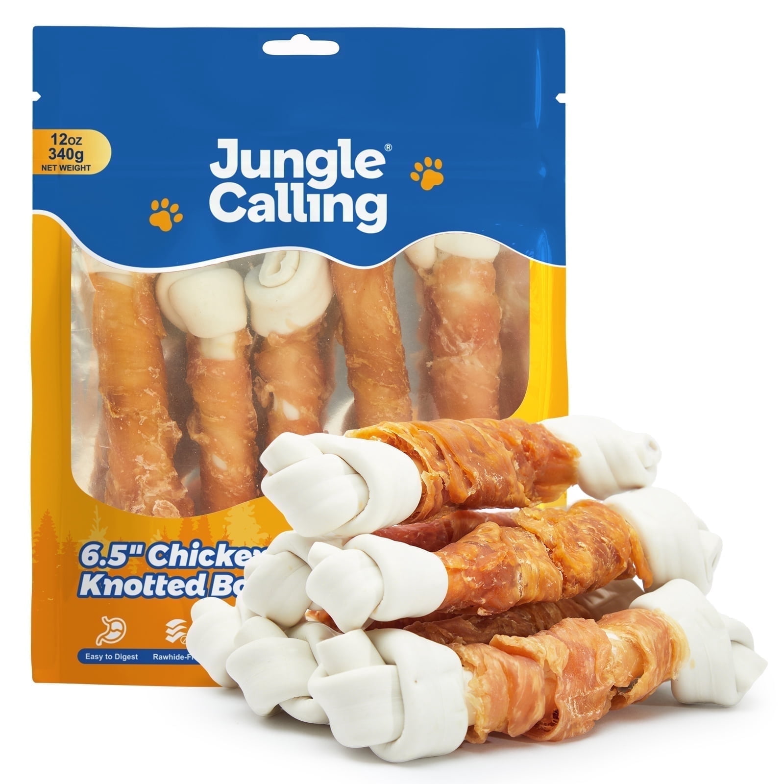 (2 pack) Jungle Calling Chicken Knotted Bones for Dogs Rawhide Free Chicken Wrapped Chew Dog Bones Training Treats, 12 oz