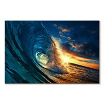 Elephant Stock Ocean Sunset Wave Wall Art - Horizontal Canvas Wall Art - Living Room Wall Decor - Beach Canvas - Teal And Yellow Decor - 30" x 20"