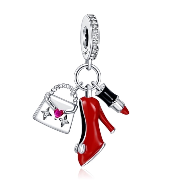 925 Sterling Silver Charm for Bracelets Women Red Heels Lipstick Shopping Bag Dangle Charm Necklace Pendant
