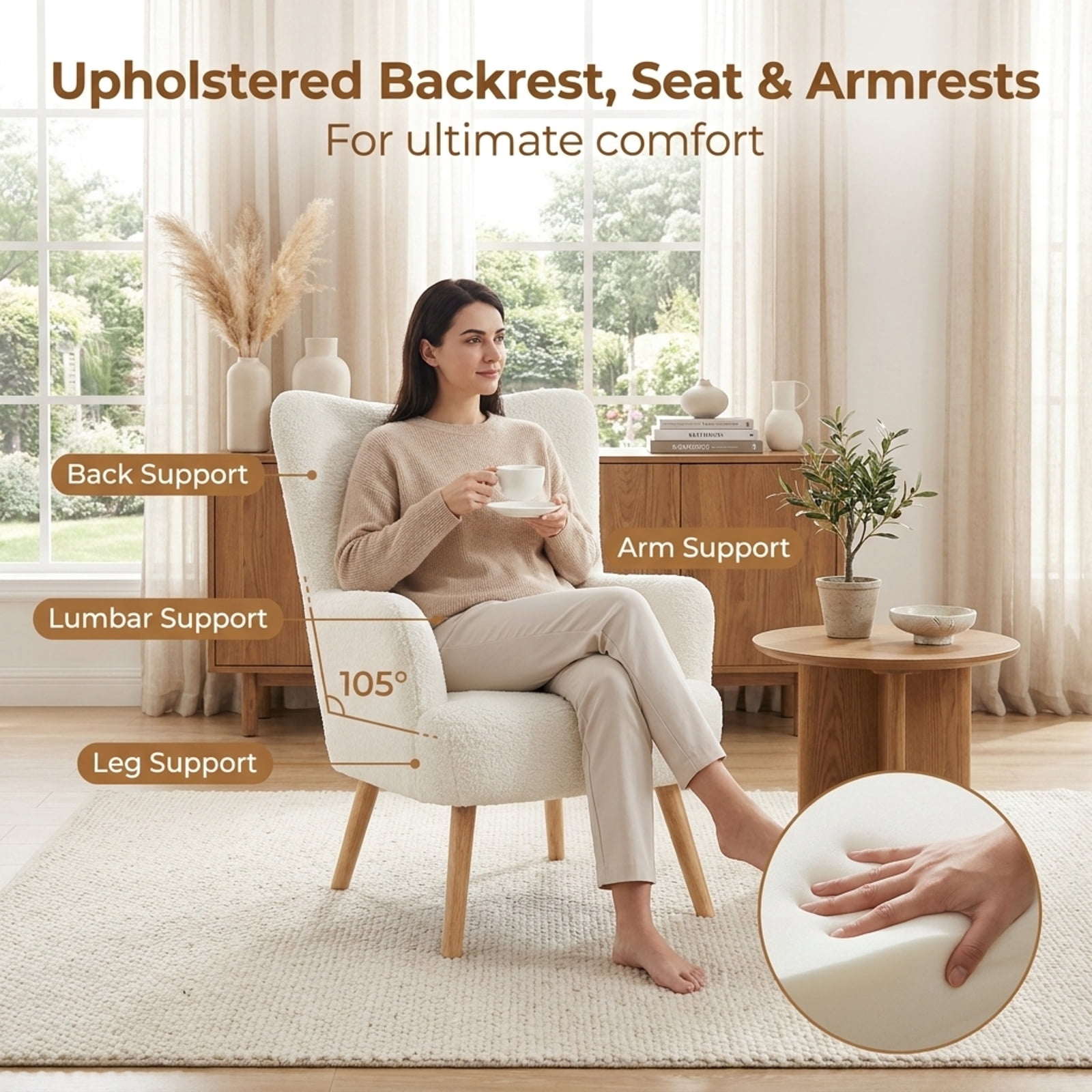 Furnibear Mid Century Modern Accent Chair with Cozy Sherpa Upholstery Padded Armrests and Solid Rubber Wood Frame for Living Room and Bedroom, White