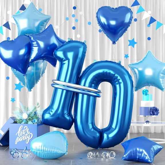 Blue 10 number balloons, Blue number 10 balloon set, Blue foil star Heart balloon with long latex balloon for girls birthday party decoration