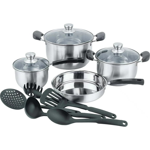 Juego de Cacerolas de Acero Inoxidable Ambient 21 Bateria de cocina con Utensilios de Nylon Plateada