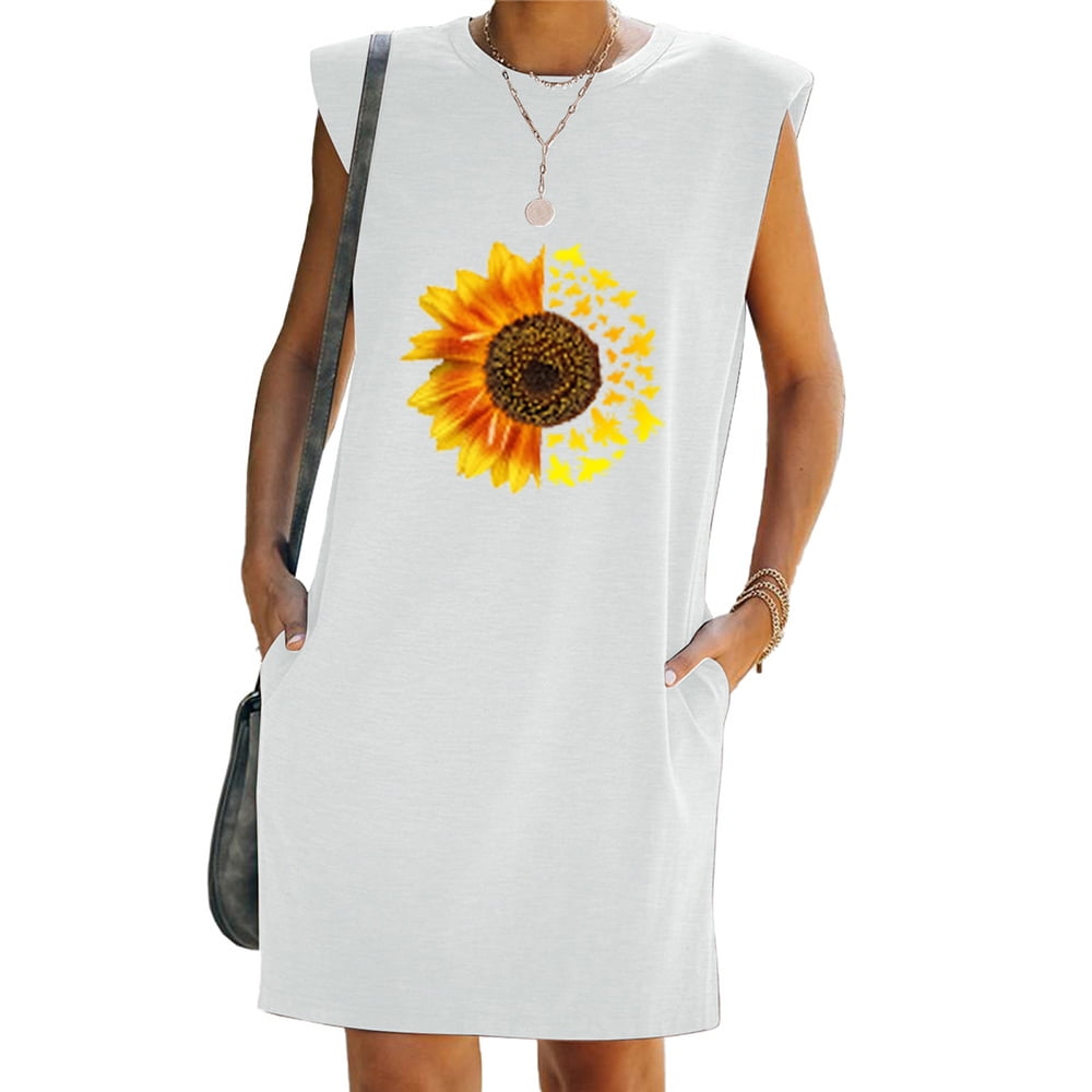 Eleluny Women Sunflower Print Midi Dress Sleeveless Loose Casual