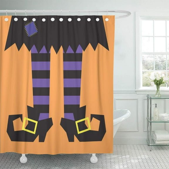 Libin Funny Purple Shoes Witch Legs Orange Stripes Black Halloween Shower Curtain 66x72 inch