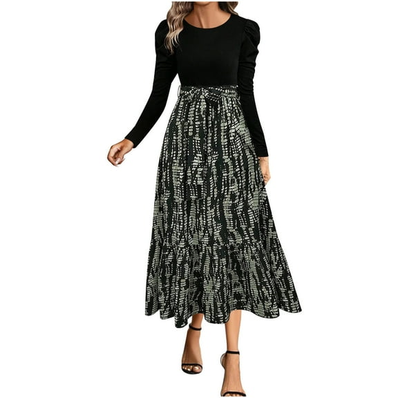 Gfyviroh Long Sleeve Dresses for Women Flowy Crew Neck Midi Dresses Printing Trendy Comfortable Belted Long Dresses