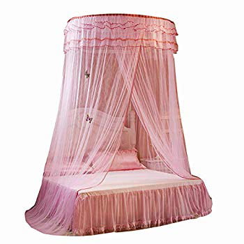 Luxury Princess Pastoral Lace Bed Canopy Net Crib Luminous butterfly, Round Hoop Princess Girl Pastoral Lace Bed Canopy Mosquito Net Fit Crib Twin Full Queen Extra large Bed (pink)
