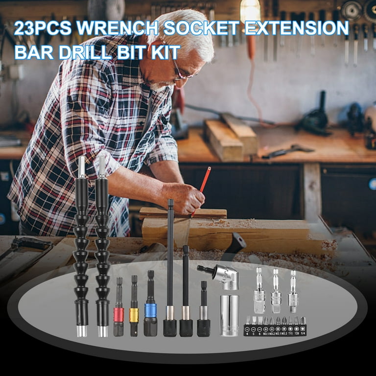 Walmeck 23pcs Socket Extension Bar Kit Universal Socket Tool Set Hex Shank 105 Right Angle Adapter Drill Attachment and Die Flexible Drill Bits Soft