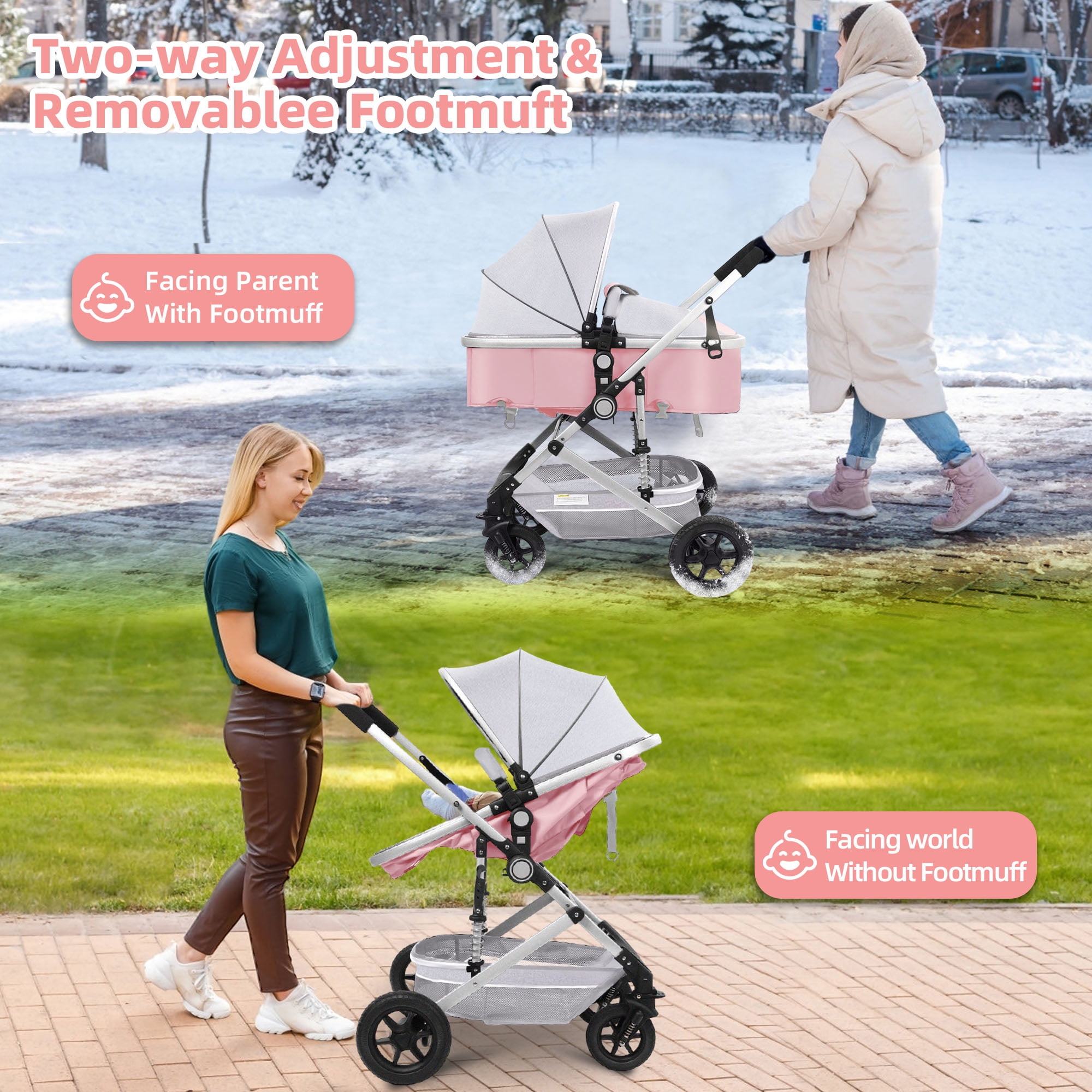 Vomeast Lightweight Frame Infant Stroller Foldable Reversible Bassinet Travel Friendly Pink Walmart