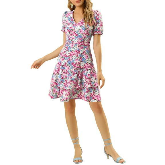 INSPIRE CHIC Women's Floral Print Mini Dresses Open Back Lace Trim A-Line Tiered Layer Swing Dress Pink M