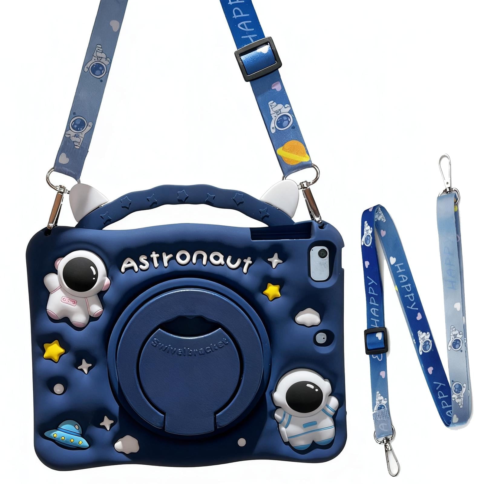 Dteck Kids Case for iPad A16 11th Generation 2025 & iPad 10th Generation 10.9" 2022, Soft Silicone 3D Cartoon Cute Design Kickstand Shockproof Bumper Case with Shoulder Strap,Astronaut