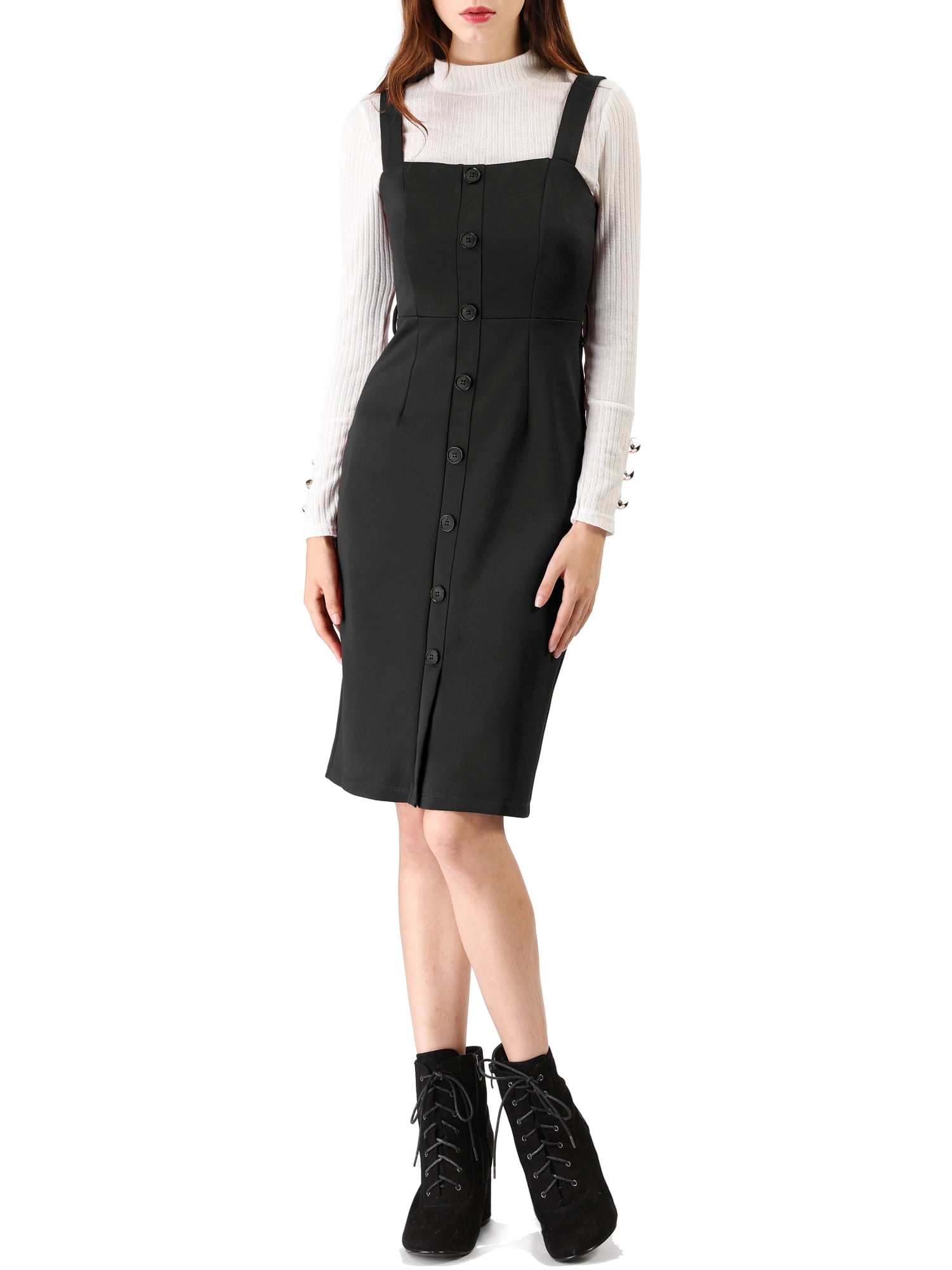 Unique Bargains Women's Button Strap Sheath Suspender Overall Jumper Dress, Size: Medium, Black