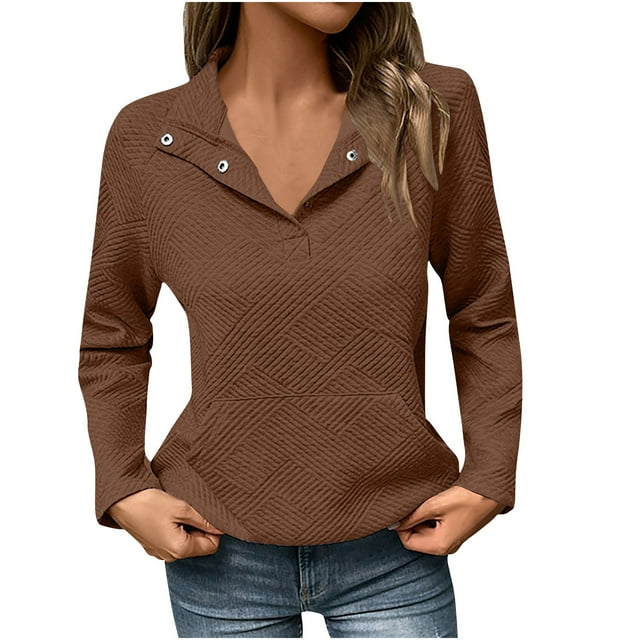 aidice Womens Sweatshirts Lapel Neck Button Long Sleeve Texture Fall Pullover Tops with Kangaroo Pockets