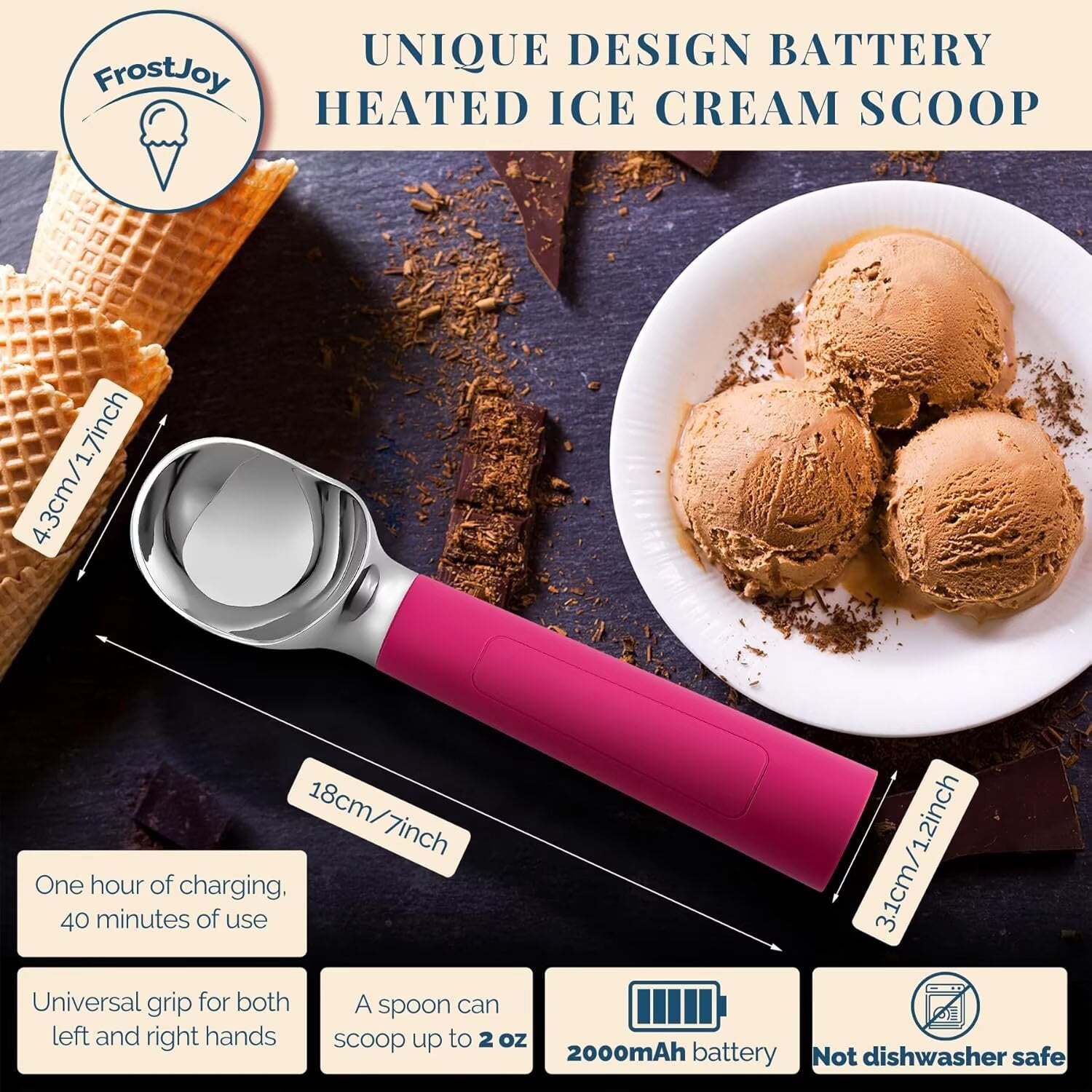 Heated Ice Cream Scoop, USB Rechargeable Electric Scooper with LED Display, Heats to 158°F for Hard Ice Cream, Easy for Seniors & Kids, IP68 Waterproof-Hot Pink