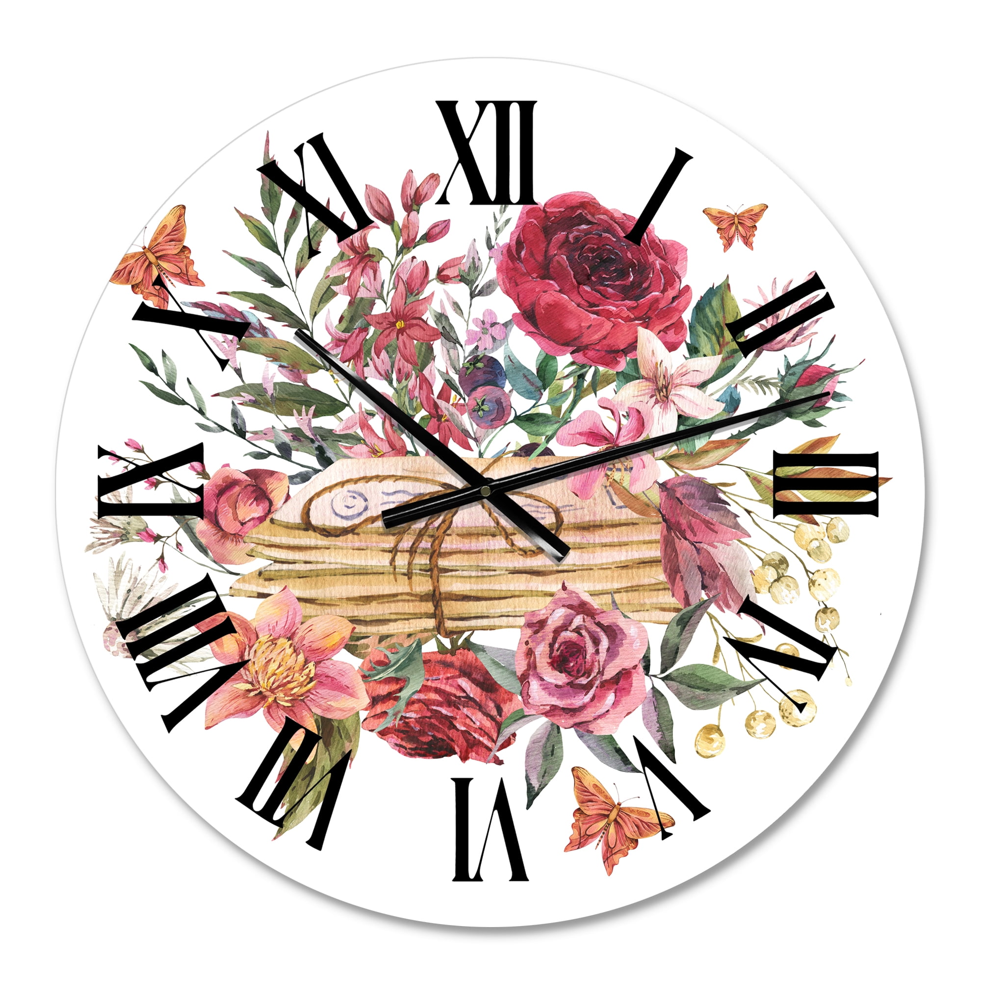 Designart 'Vintage Old Letters With Wildflowers' Farmhouse Wall Clock