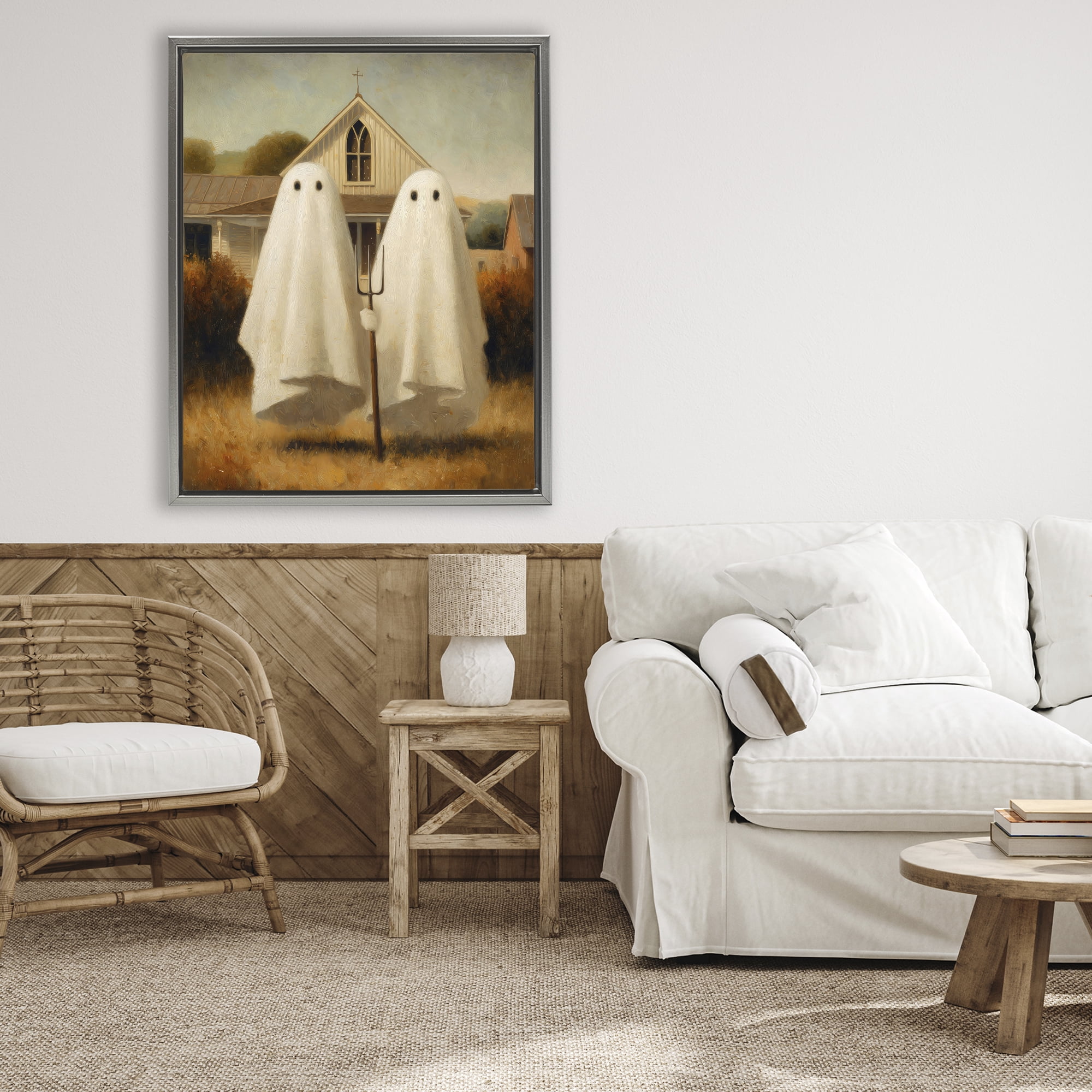 American Gothic Ghosts Gray Framed Floater Canvas Wall Art, design by Arlington Prints