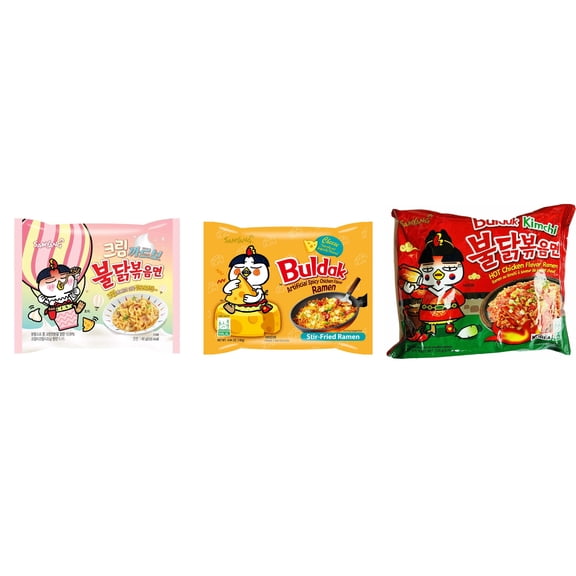 3 Packs Samyang Korean Artifical Spicy Chicken Stir Fried Ramen Roasted Noodles 3 Different Flavors (Creamy Carbonara,cheese,kimichi) Plus NineChef Brand Long Handle Coffee Spoon