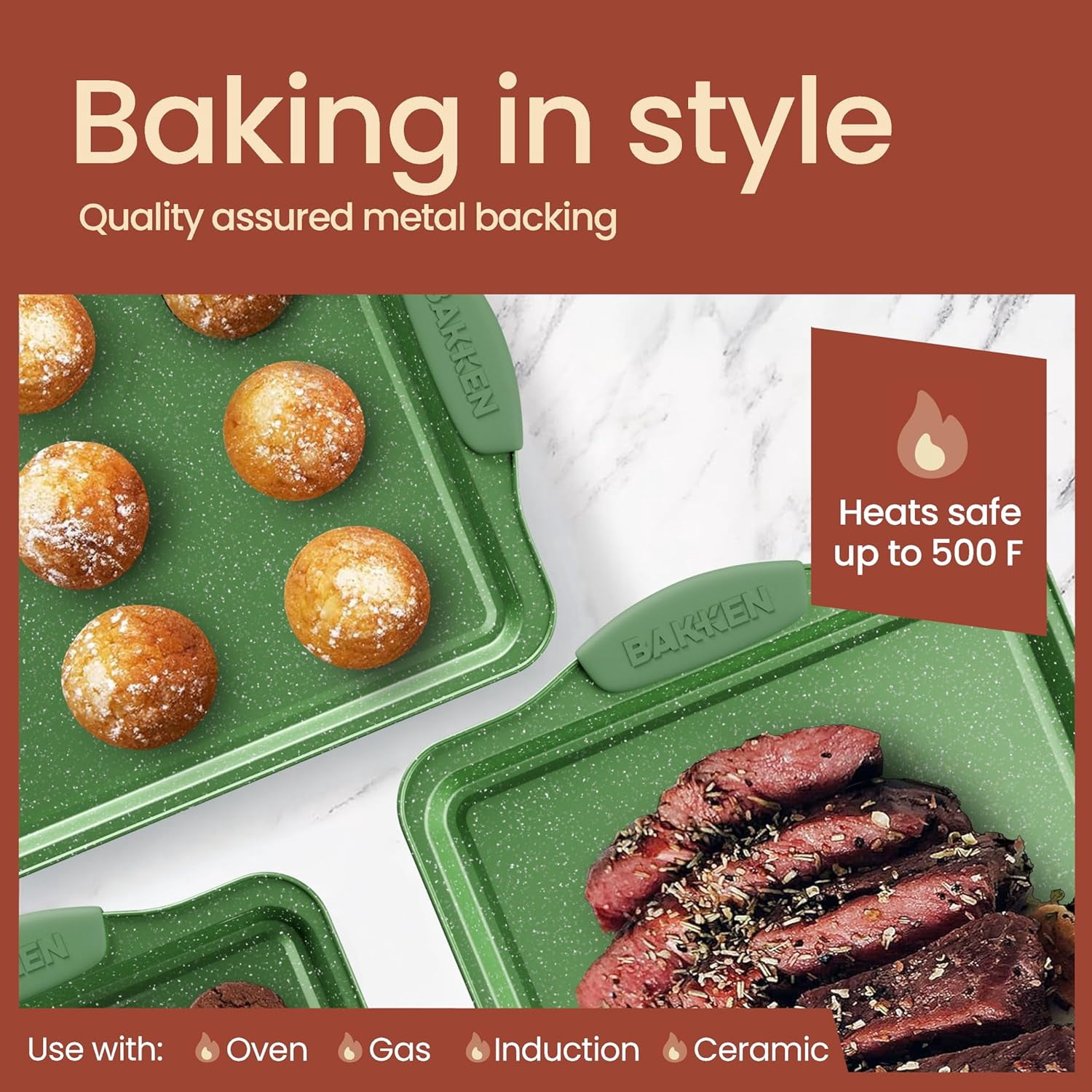 Bakken- Swiss Kitchen Baking Pan Set - Nonstick Green Marble Coating, Carbon Steel Bakeware Sets with Green Silicone Handles, Kitchen Essentials, Oven Safe