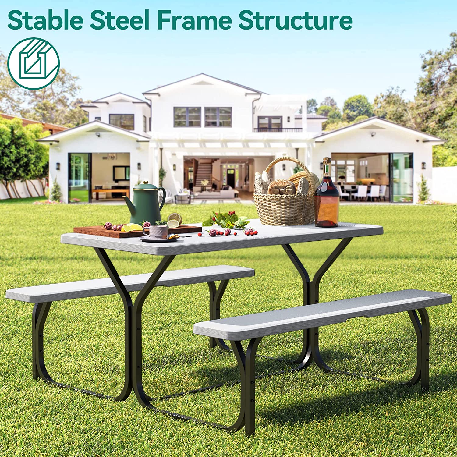 Dextrus Picnic Table 6ft Heavy Duty Outdoor Picnic Table and Bench Resin Tabletop & Stable Steel Frame w/Umbrella Hole for Yard Patio Lawn Party Light Gray