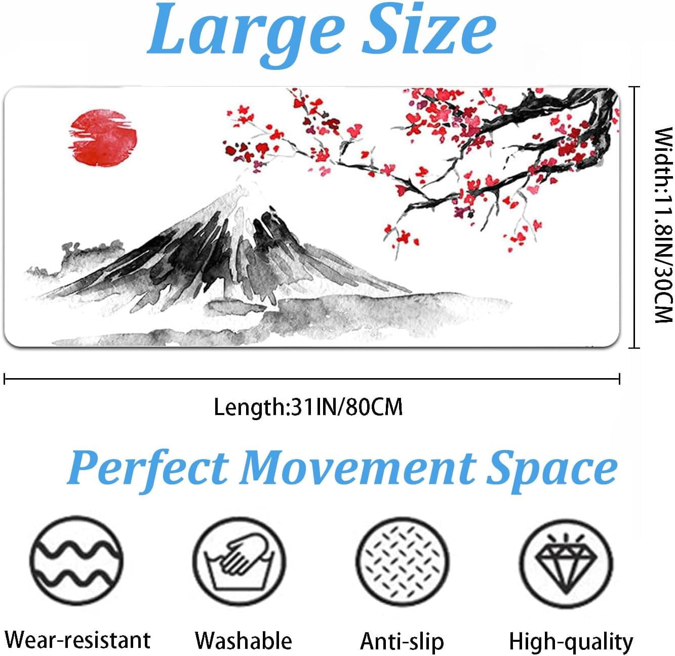 Large Mouse Pad with Stable Rubber Base and Stitched Edges-Japanese Gaming Mouse Pad , 31.5x11.8 - Desk Mat Deskpad for Home Office Work Game