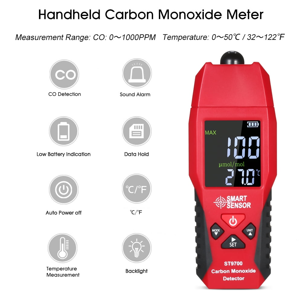 Compteur de monoxyde de carbone portable SMART SENSOR ST9700 avec contrôle  de haute précision, jauge de contrôle, jauge, écran couleur LCD, alarme  sonore et lumineuse, 0-1000ppm`