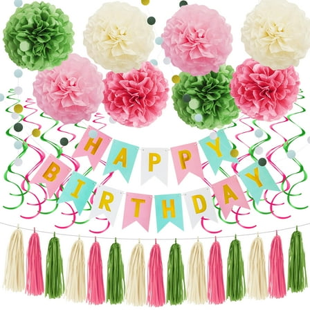 Xugoox 13-piece birthday party decoration set with banner, tissue pom pom, tassel garland, etc. Suitable for birthday party decorations for boys and girls