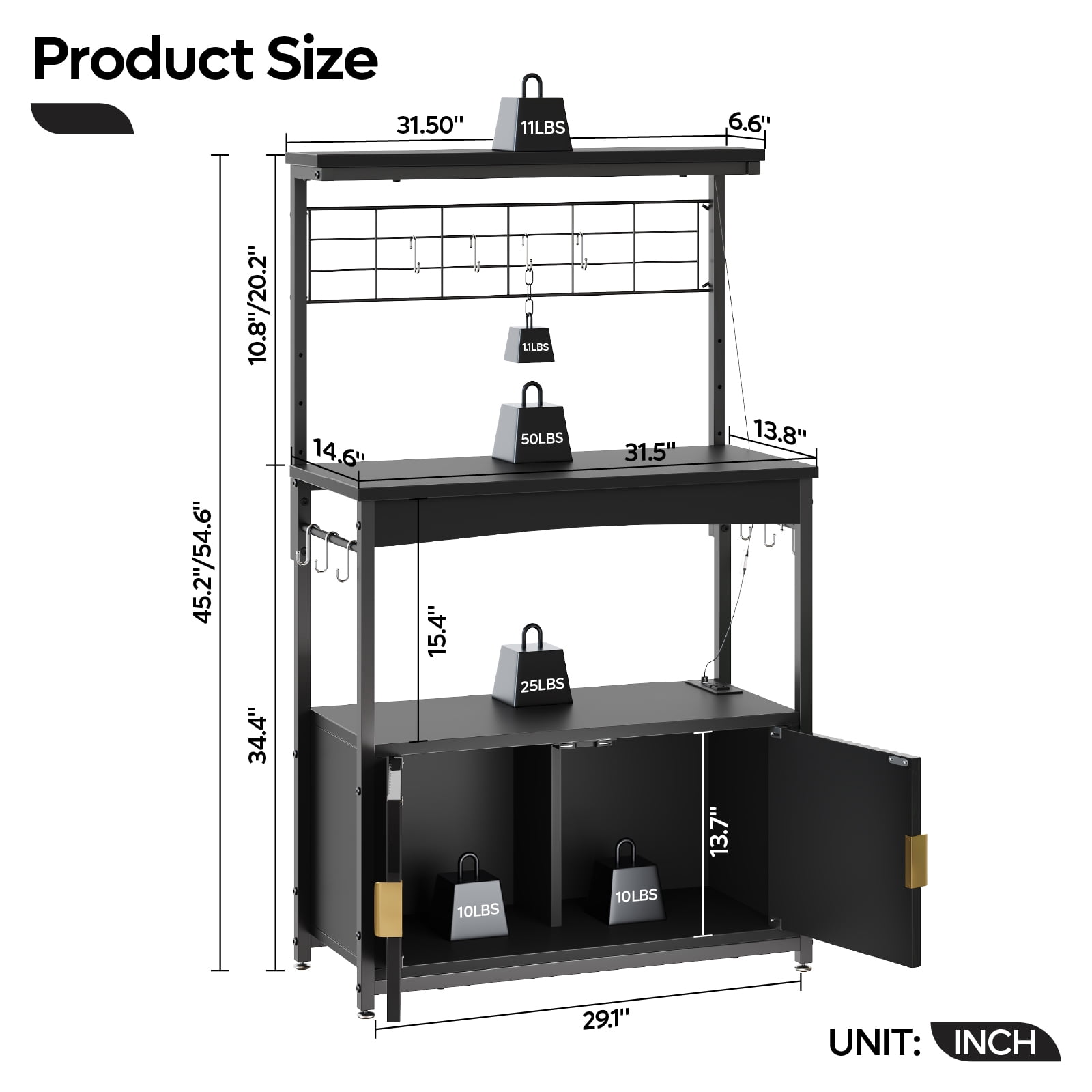 Bestier Bakers Rack with Power Outlet, Height-Adjustable 45" to 55" Kitchen Microwave Stand with Sstorage Cabinet, Coffee Bar Cabinet with LED Light, Kitchen Stand with 10 S-Hooks (Black)