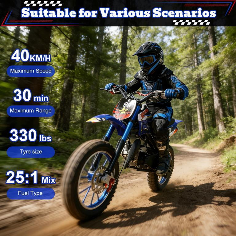 Mohsoe 49cc 2-Stroke Mini Motocross Bike, Gas Powered Kids Dirt Bike with Front & Rear Disc Brakes, 10in Inflatable Off-Road Tires, Alloy Handlebars, Inverted Hydraulic Suspension, Max Speed 40KM/H