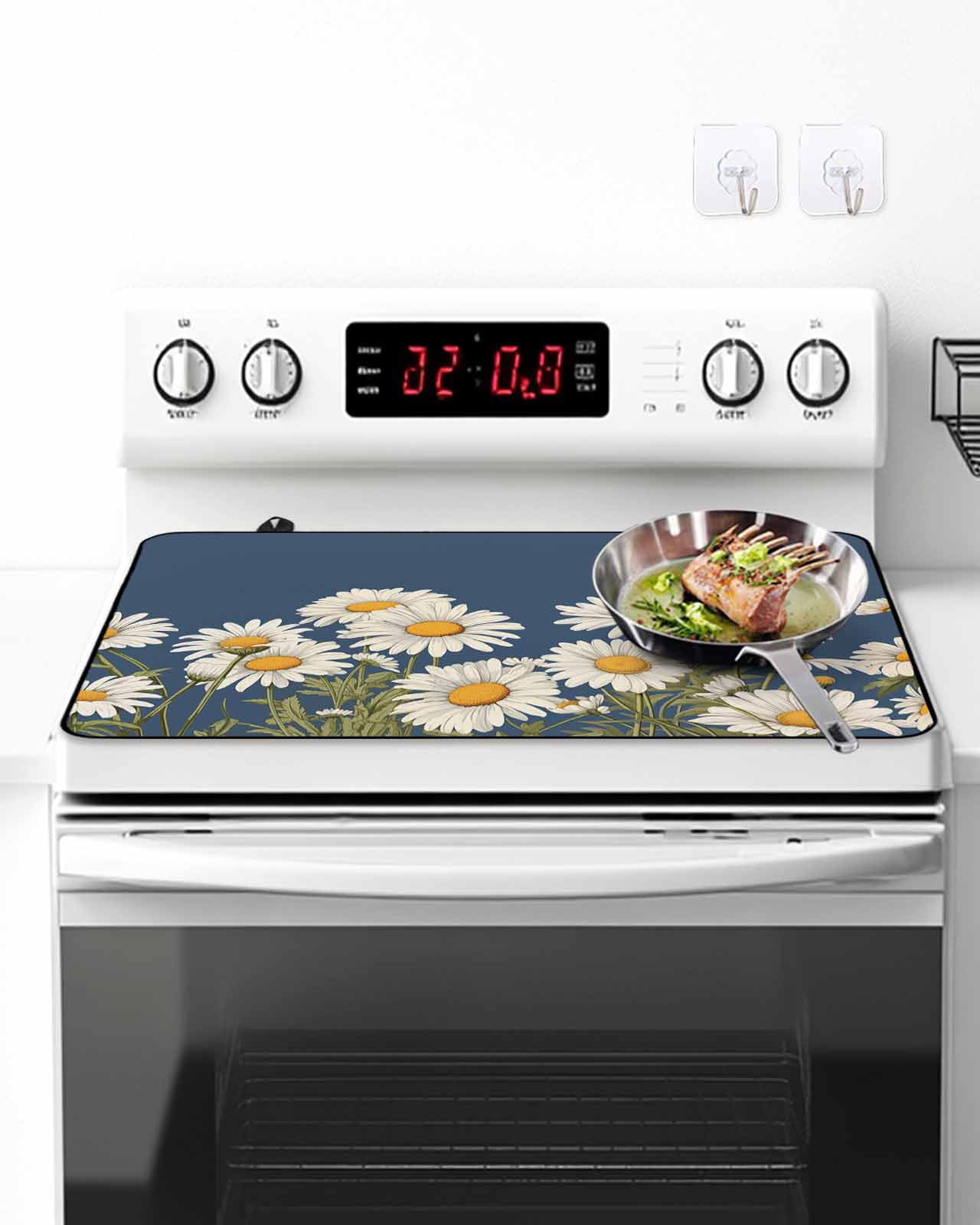 Stove Top Covers for Electric Stove, Daisy Glass Stovetop Cover Protector, Spring Floral Summer Botanical Elegant Navy Blue Induction Cooktop Protector Oven Mat for Kitchen Countertop 24"x21"