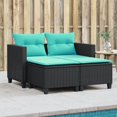 thumbnail image 1 of vidaXL Garden Sofa 2-Seater with Stools Black Poly Rattan, 1 of 5