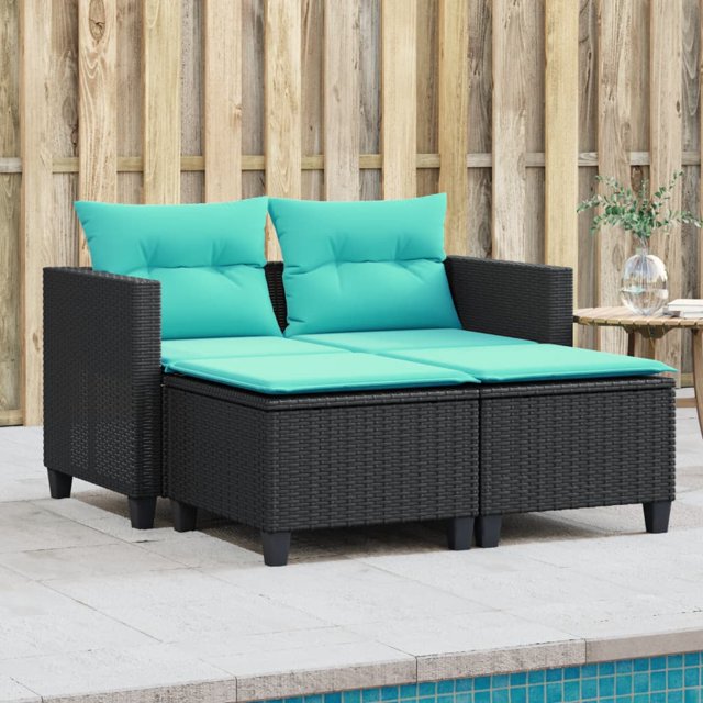 vidaXL Garden Sofa 2-Seater with Stools Black Poly Rattan