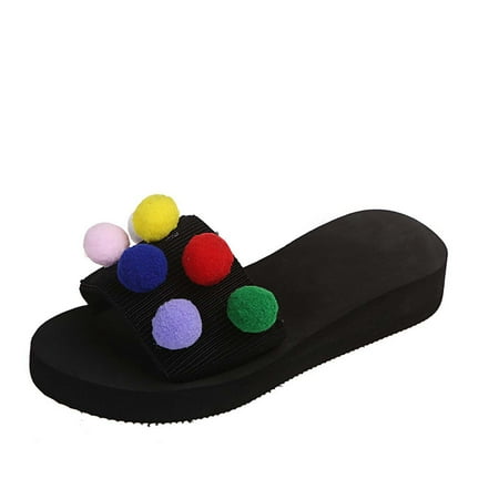 

Honeeladyy Women s Sandals Wedge Heel Outer Wear Colorful Fur Balls Easy To Put On And Take Off Slippers Home Shoes Black Sales Online