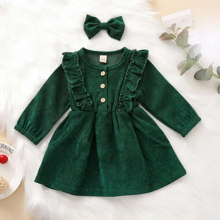 

Augper Toddler Dress Winter Fall Dresses Clearance Toddler Baby Kids Girls Solid Ruffle Botton Dress Princess Dress +Hairband Sets Green