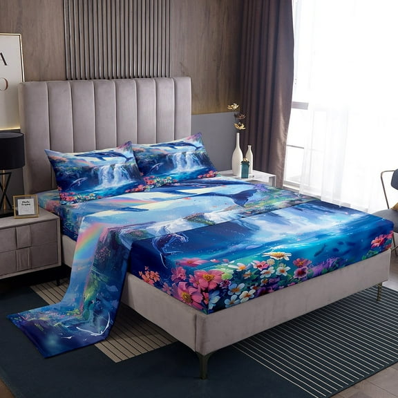 Erosebridal Blue Whale Bed Sheets Set Twin Size, Lake Waterfall Bed Sheets Twin, Daisy Floral Reversible Sheet Set Twin, Microfiber Room Decoration, 3 Pieces