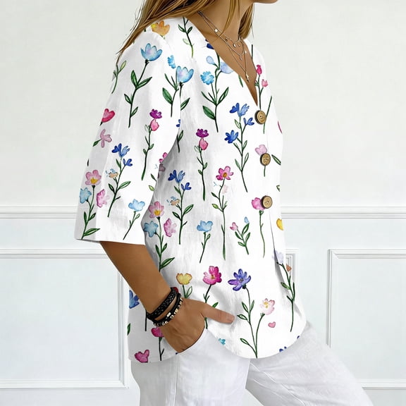 Boho Watercolor Floral V Neck T Shirts for Women Cotton Linen 3/4 Sleeve Summer Beach Casual Tops #03Purple Pink L