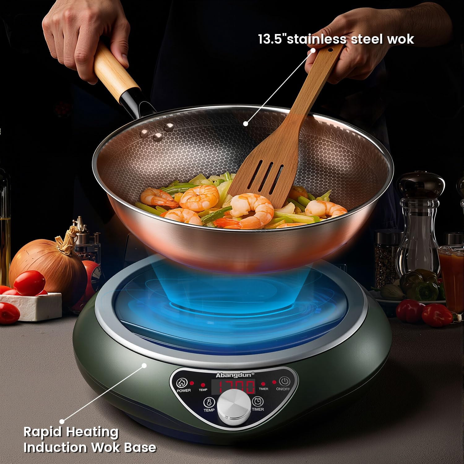 Abangdun 1700W 85V~120V Induction Cooktop with 13' Stainless Steel Wok Pan Electric Burner 1.06″ Curved Surface Concave 18h Timer Real Precise Power/Temp Ctrl 16 Watts 200~1700 No Pulsing on/off when