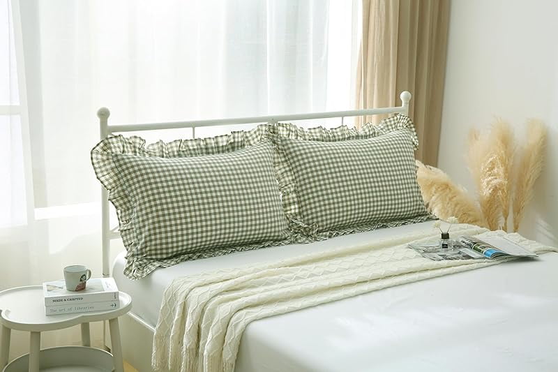 2 Pack Sage Green White Plaid Ruffles Pillow Shams Checkered Pillowcases Gingham Queen Size Pillow Cases Washed Cotton Farmhouse Cottage Pillow Covers for Bed/Sofa(20X30inches,Sage Green/White Plaid)