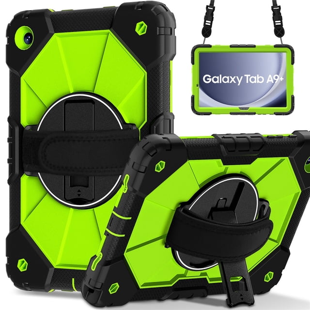 Funda Resistente a Golpes para Samsung Galaxy Tab A9+, Silicona Anti-caída + Funda Protectora de Capa de PC con Asa Giratoria de 360°, Soporte, Correa para el Hombro, Amarillo, para Galaxy Tab A9+