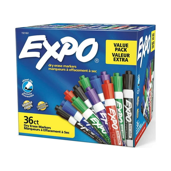 EXPO Low Odor Dry Erase Markers, Chisel Tip, Assorted Colors, Pack of 36 - Ideal for Classrooms, Offices & Home Offices