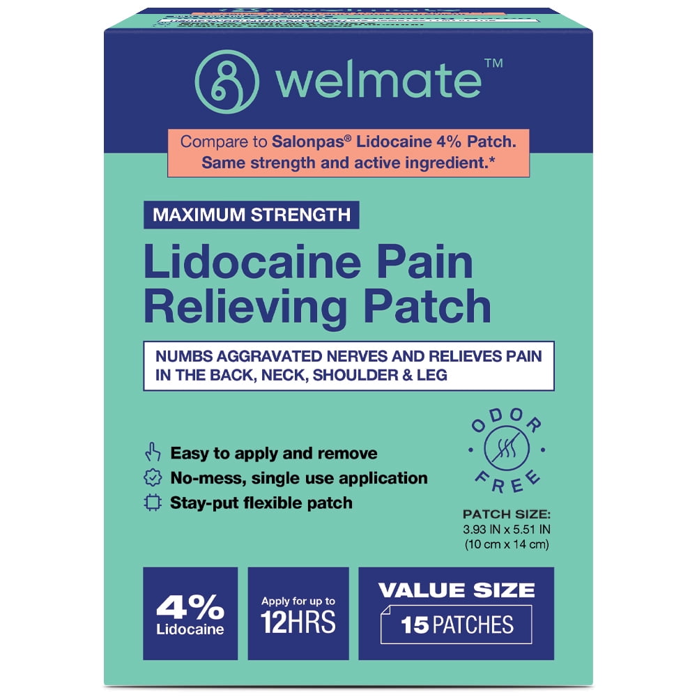 Welmate Lidocaine 4 Pain Relieving Patch Neck, Shoulder, Back Pain Relief 15 Count