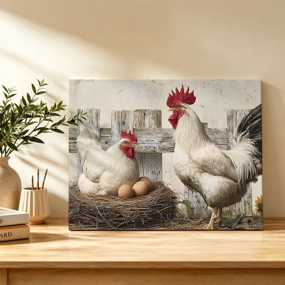 White Rooster Canvas Wall Art, Rustic Farmhouse Country Yellow Sunflower Field Wall Art Prints Artwork Framed Canvas Ready to Hang Art Pictures for Study Living Dining Room Bedroom 20" x 16"
