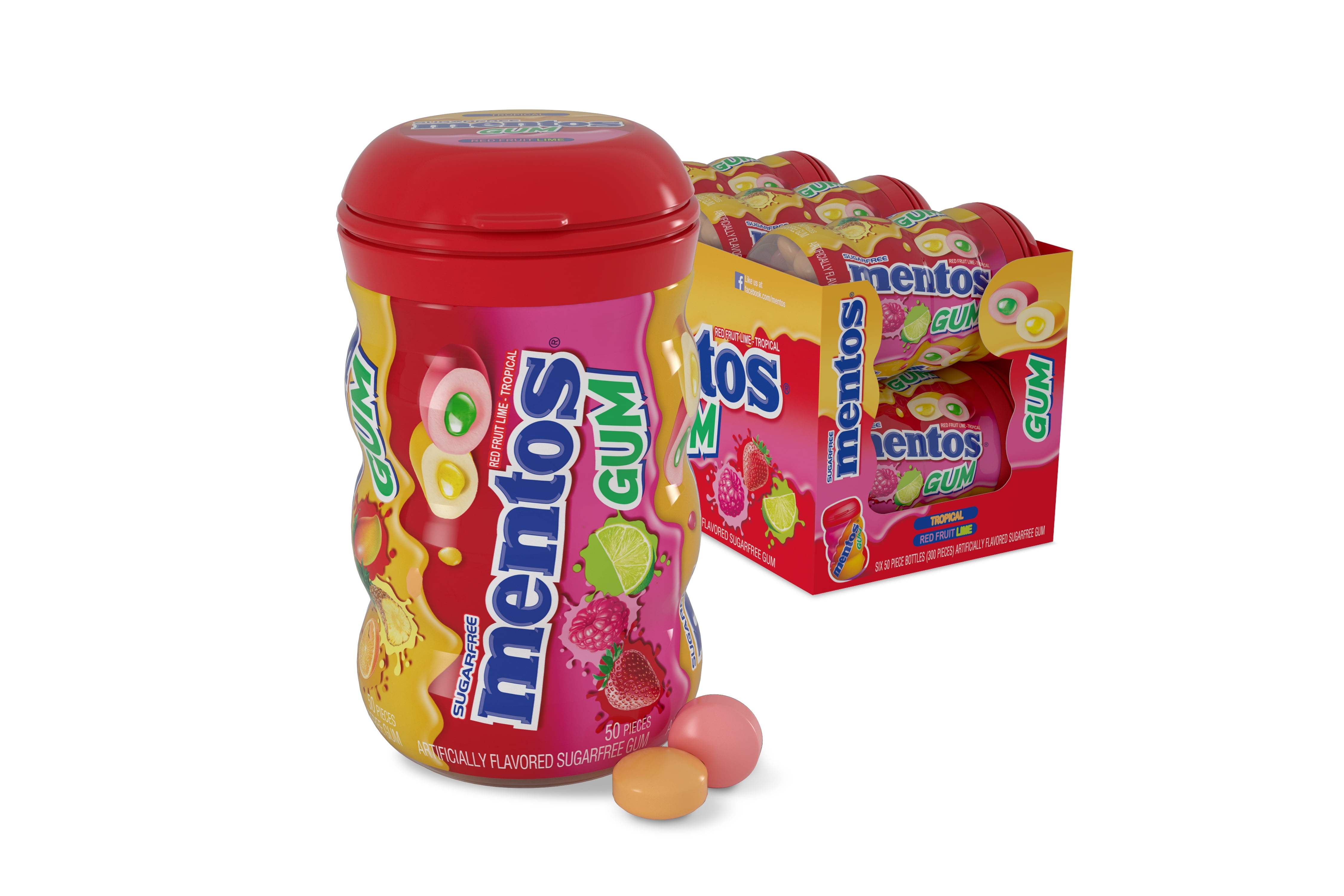 Mentos Gum Red Fruit and Lime-Tropical 50 piece Curvy Bottle - Pack of 6